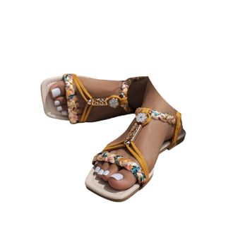 Generic Boho Sandals for women 2026 Dressy Summer Bohemian Flats Elastic Ankle Strap Walking Non Slip Beach Shoes Comfortable Wide Width Platform Wedge Heels 