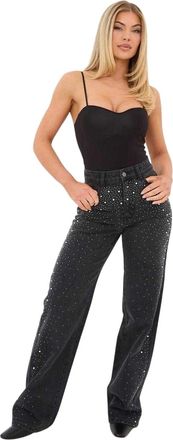 I Saw It First Damesjeans met versieringen, rechte pijpen en hoge taille (Zwart)