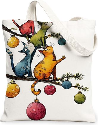 Generic Christmas Cat Canvas Tote Bags, Colorful Feline Design Reusable Grocery Bags, Festive Lightweight Washable Shoulder Strap Canvas for Shopping Outdoor 