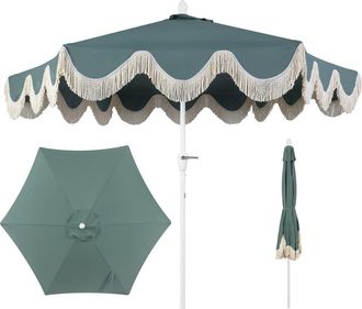 Jonathan Y Designs Collins 9 ft. Classic Cottage Fringe Tassel Market Patio Umbrella with Auto-Tilt Crank in Green/white Pole at Nordstrom