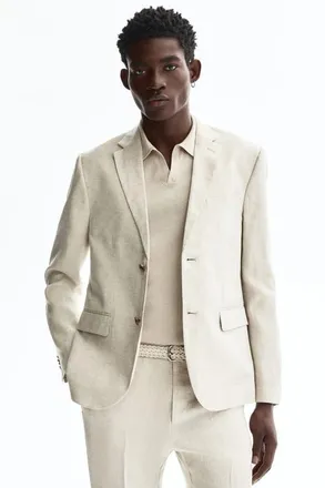 H&M Slim Fit Linen Jacket in Light Beige at Nordstrom, Size 38
