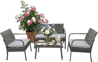 Relaxdays Relaxdays Garden Furniture Set, 4-piece rattan, seats 4, 2-seater bench, 2 chairs & table, outdoor, grey