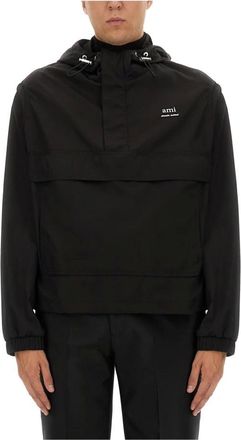 Ami Light Jackets, male, Black, Size: XL Hooded Ami Alexandre Mattiussi Windbreaker