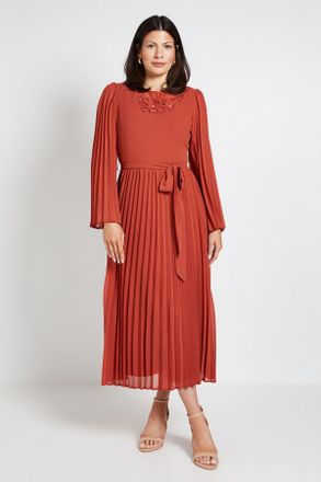 Wallis Womens Pleated Floral Trim Midi Dress - Orange - Size 16 UK