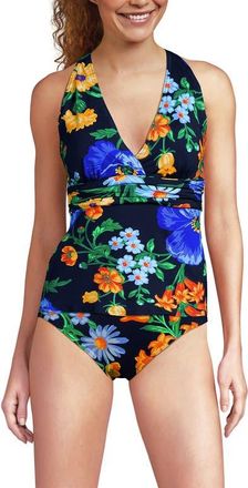 Lands End DD-Cup V-Neck Plunge X Back Tankini Top in Navy/exploded Poppy Floral at Nordstrom, Size X-Large