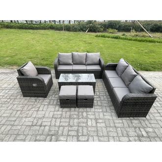 Fimous Patio Garden Furniture Sets Wicker 9 Seater Outdoor Rattan Furniture Sofa Sets with Rectangular Coffee Table Reclining Chair Love seat Sofa 2 Small