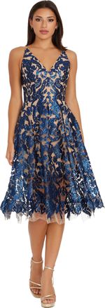 Dress The Population Womens Blair Plunging Fit and Flare Midi Dress Special Occasion, Navy/Nude, S