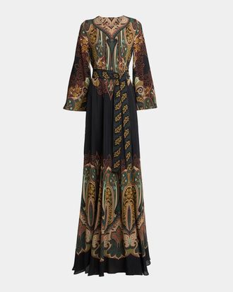 Etro Paisley-Print Organza Long-Sleeve Belted Maxi Dress
