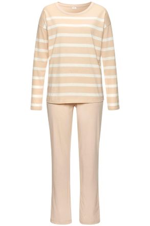 s.Oliver Pyjama S.OLIVER, Damen, Gr. 32/34, beige (beige, wei&szlig;, gestreift), Single Jersey, Obermaterial: 60% Baumwolle, 40% Polyester, gestreift, unifarben, be