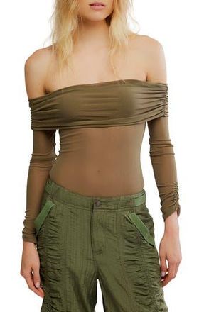 Free People Forget Me Not Off the Shoulder Mesh Bodysuit in Olive at Nordstrom Rack, Size X-Large