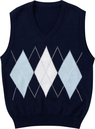 Generic Womens Argyle Geo Print Sweater Vest Preppy Style Womens Knitted Tank Top V Neck Sleeveless Jumper Striped Knitwear Soft Knitwear Pullover Waistcoat f