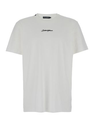 Dolce & Gabbana White Crewneck T-Shirt With Signature Logo In Cotton Man