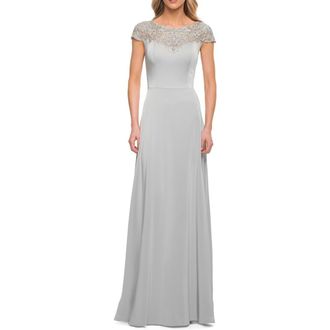 La Femme Jersey Gown with Full Skirt and Lace Detail Top in Silver at Nordstrom, Size 10