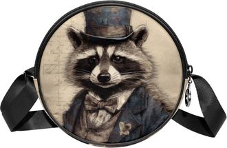 Generic Circle Crossbody Bag for Women, Vintage Raccoon Pattern Small Sling Bag Daypack with Zipper Adjustable Shoulder Straps Casual Ladies Girls Round Purse