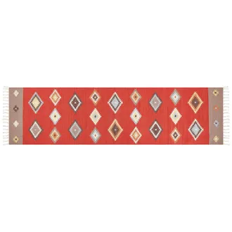 Beliani Beliani - Alfombra Kilim De Algod&oacute;n Rojo Marr&oacute;n Beige 80 X 300 Cm Pelo Corto Geom&eacute;trico Lorut
