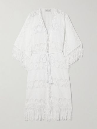 Miguelina Copricostume In Voile Di Cotone E Pizzo Ricamato Con Frange E Cintura Naida - Bianco