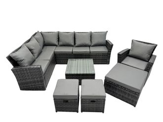 Fimous Rattan Corner Sofa Set with 3 Stool Chair for Garden Backyard in Dark Grey