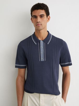 Reiss Navy Tipped Half-button Knitted Polo Shirt, Xxl