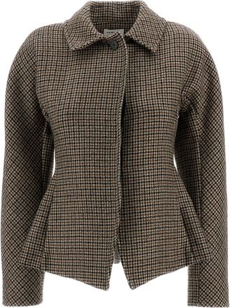 P.A.R.O.S.H. Houndstooth Pattern Wool Jacket With Fitted Silhouette And Matching Belt