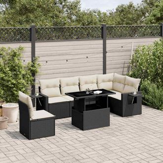 vidaXL Set De Sof&aacute;s De Jard&iacute;n 7 Pzas Con Cojines Rat&aacute;n Sint&eacute;tico Negro Vidaxl