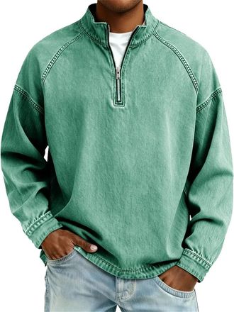 Generic DENGJIAMY Mens Quarter Zip Pullover Fashion Collar Denim Shirt Long Sleeve Classic Casual Jean Tops Winter Tops Plus Size Vintage Sweatshirt (Green, 3