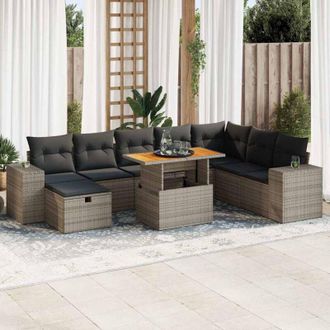 vidaXL Set Sof&aacute;s Jard&iacute;n Y Cojines 9 Pzas Rat&aacute;n Sint&eacute;tico Acacia Gris Vidaxl