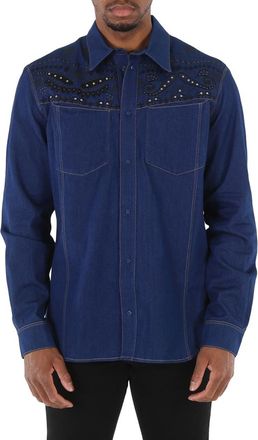 Roberto Cavalli Mens Dark Blue Bandana Embroidered Denim Shirt, Brand Size 50 ( US Size 40 )