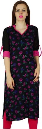 Bimba Women Black Floral Rayon Kurta Kurti Classic Chic Casual Tunic Blouse