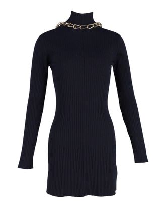 Dion Lee Chain-Embellished Open-Back Ribbed-Knit Mini Dress in Navy Blue Viscose