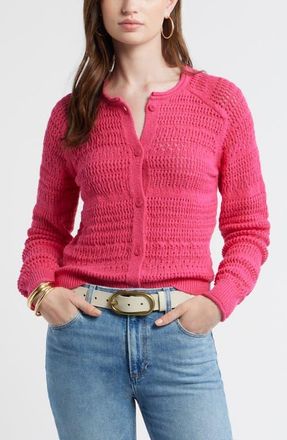 Treasure & Bond Stripe Pointelle Knit Button Front Cotton Cardigan in Pink Electric at Nordstrom, Size Xx-Small
