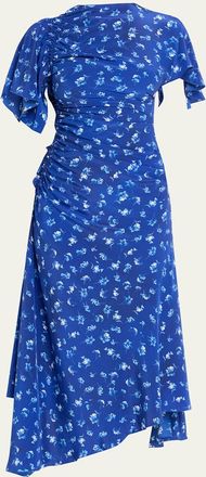 Victoria Beckham Asymmetric Smocked Short-Sleeve Midi Dress