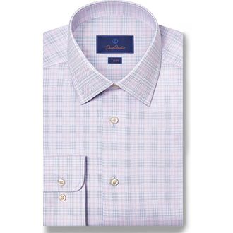 David Donahue Trim Fit Check Cotton Dobby Dress Shirt in Sky/Pink at Nordstrom, Size 16.5 - 32
