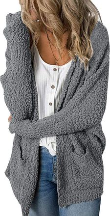 Merokeety Womens Long Sleeve Soft Chunky Knit Sweater Open Front Cardigans Outwear Coat, I-bat-grey, Medium