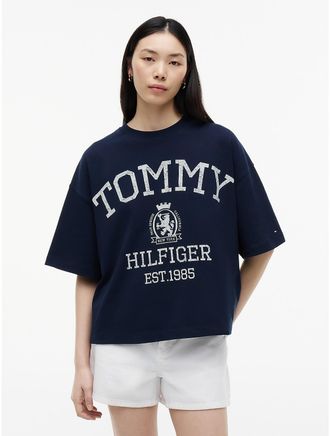 Tommy Hilfiger Womens Relaxed Fit Varsity Crest Logo T-Shirt - Navy - XL