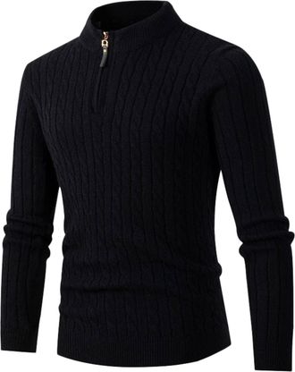 Generic Mens Knitted Cardigan Thick Sweater Mens Cardigan Pullover Turn Down Collar Fleece Lined Zipper Winter Jumper Full Zip Front Stand Collar Classic Knit