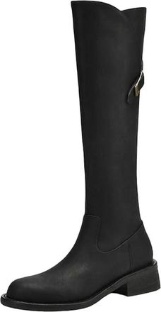 Generic Womens Pot Cow Split Leather Round Toe Mid Heels Riding Boots Zip Belt Knee-High Boots