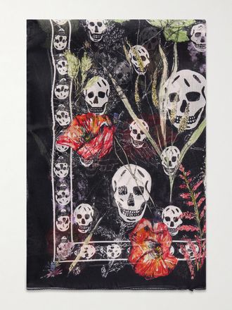 Alexander McQueen Foulard In Voile Di Seta Stampato - Nero