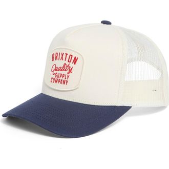 Brixton Hubal Netplus Embroidered Logo Patch Snapback Trucker Hat in Off White/Midnight Blue at Nordstrom