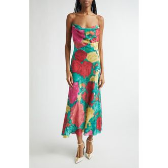 Balmain Rose Print Silk Cr&ecirc;pe de Chine Slipdress in Ulj Green/Multi at Nordstrom, Size 12 Us