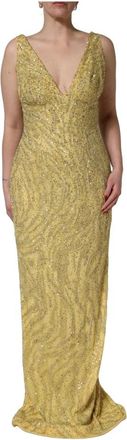 Dolce & Gabbana V-neck Mouwloze Jurk - Dames - Avondkleed - Geel - S - Polyester - Kleedjes