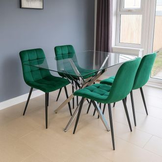 Kosy Koala Modern Rectangle Glass Dining Table Set With 4 Green Velvet Chairs Dining Room Furniture in Brown