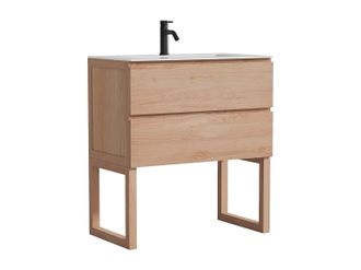 Vente-Unique Mueble de ba&ntilde;o de roble macizo con lavabo encastrado y grifo - Natural claro - 80 cm - TARELO