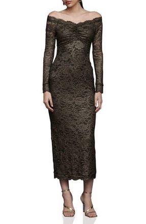 Avec Les Filles Lace Off the Shoulder Long Sleeve Midi Dress in Black And Gold at Nordstrom Rack, Size 14