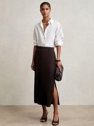 Reiss Burgundy Pleated Jersey Midi Skirt, 18