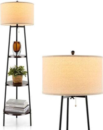 Costway Lampada da terra 41 x 153 cm con 3 ripiani in legno e paralume in lino, lampada alta in stile moderno, per soggiorno, camera da letto, decorazione