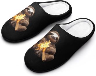 Generic Funny Campfire Sloth Mens Slippers Slip On Comfortable Fleece Cotton House Shoes Winter
