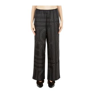 Toteme Broeken, Dames, Zwart, S, Satijn, Monogram Zijden Broek met Allover Borduurwerk