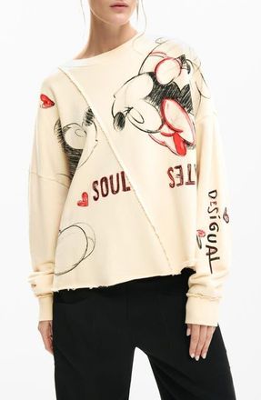 Desigual Mickey & Minnie Mouse Raw Seam Fleece Graphic Sweatshirt in Off White at Nordstrom, Size X-Small