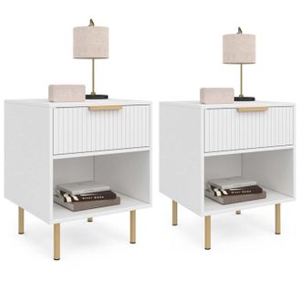 IDMarket Lot De 2 Tables De Chevet Marcel 1 Tiroir Avec Niche Effet Lattes Blanc Et Dor&eacute;