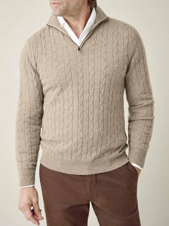 Luca Faloni Camel Beige Cashmere (2-Ply) Cable Knit Zip-up